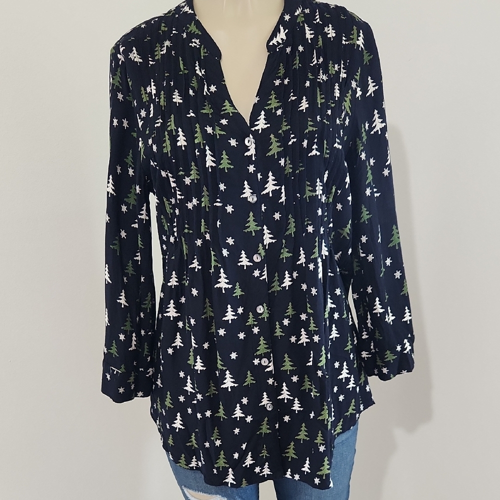 Coldwater Creek Black Green and White 3/4 Sleeve Blouse Relaxed Fit Saze M